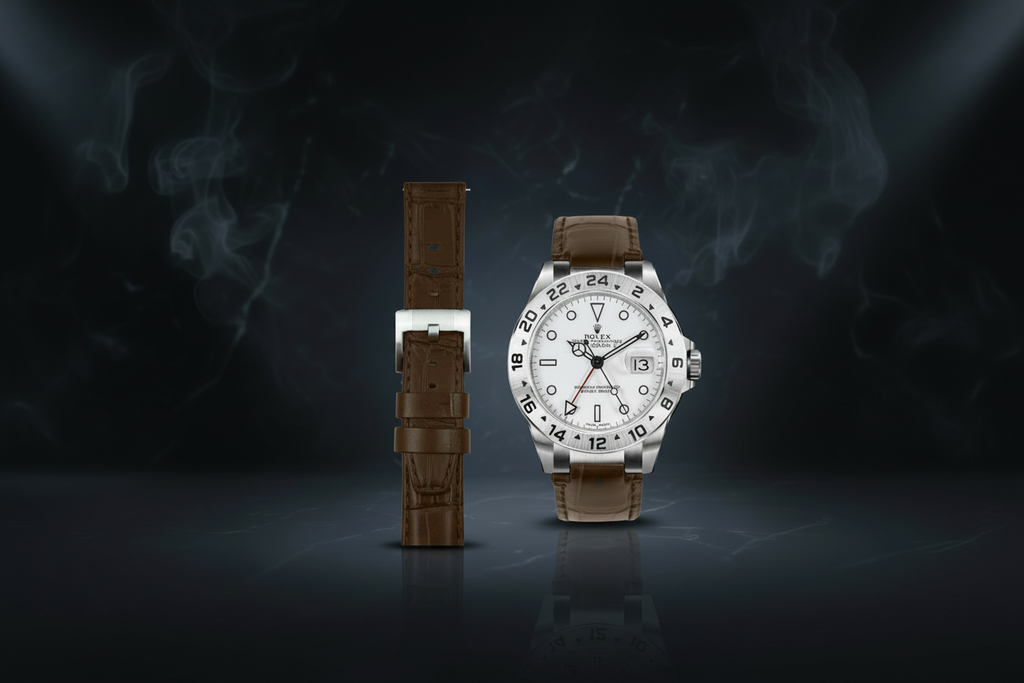 Lederarmband mit Stahlendstück für Rolex Explorer II mit Dornschließe